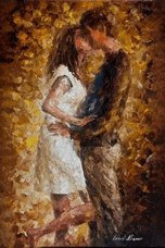 a painting of a man and a woman kissing