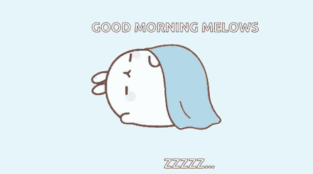 a cartoon drawing of a blue blanket with the words good morning mellows written on it
