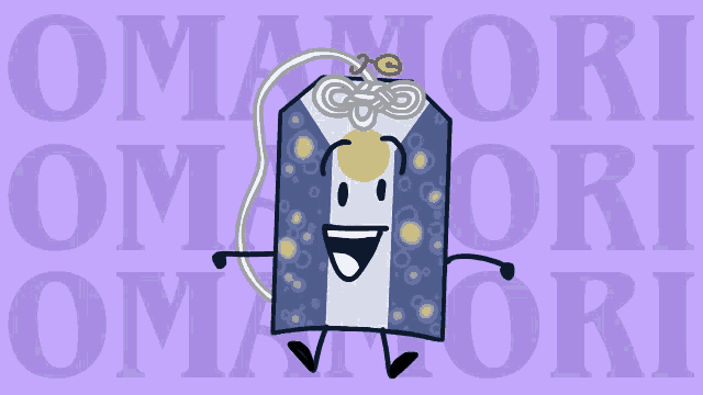 a cartoon character with arms and legs stands in front of a purple background that says omamori