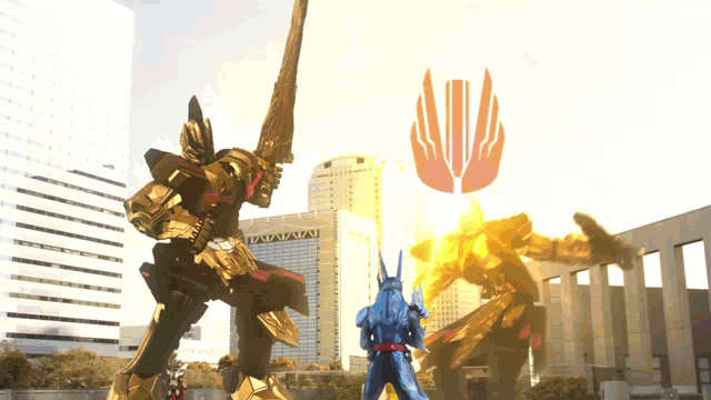 a robot with a sword is standing in front of a building that says ' ivavavava ' on it