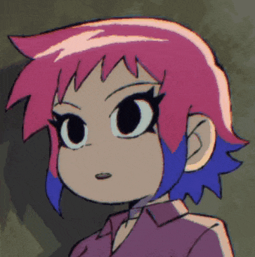 a close up of a cartoon character with pink hair and blue eyes