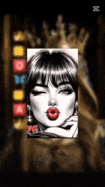 a black and white drawing of a woman with red lips and a crown