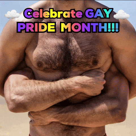 a shirtless man with his arms crossed and the words " celebrate gay pride month " above him