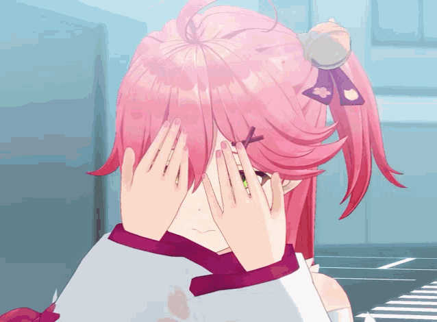 a pink haired anime girl covering her eyes with her hands
