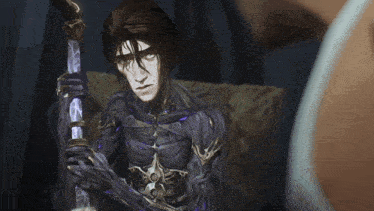 a drawing of a man holding a sword with purple hair