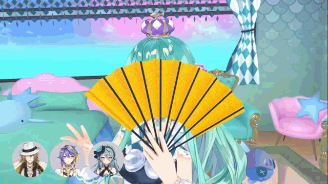 a girl with a crown on her head is holding a fan