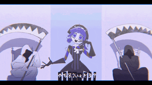 a cartoon of a girl with purple hair holding a scythe surrounded by grim reapers