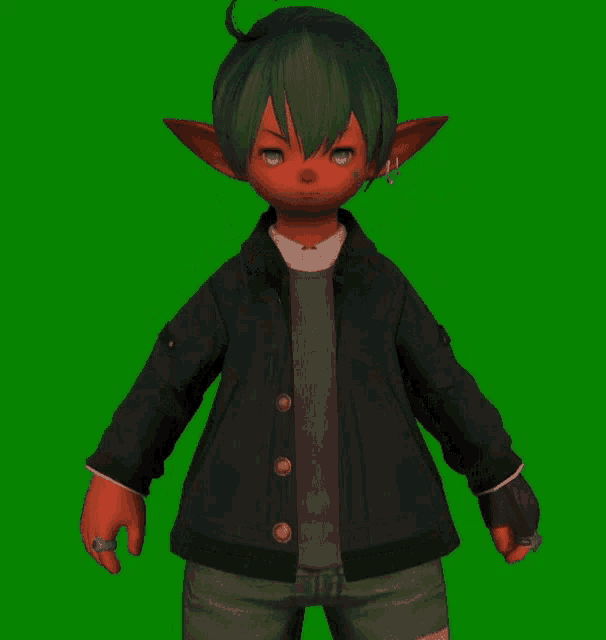 a cartoon character with a green background and a black jacket