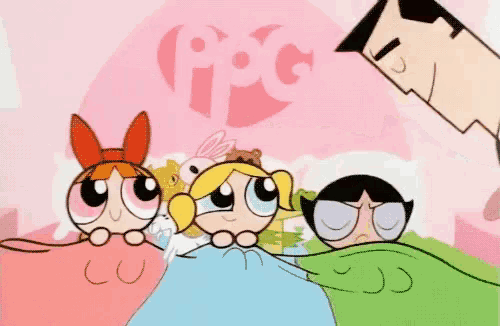 a cartoon of the powerpuff girls says buenas noches in white letters