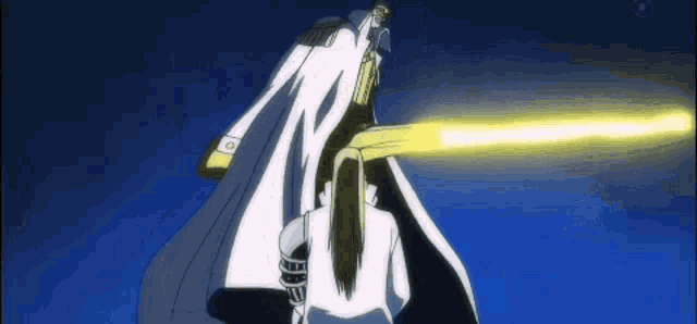 a person in a white cape is holding a yellow light beam