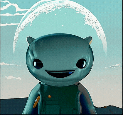 a cartoon character is smiling in front of a large moon