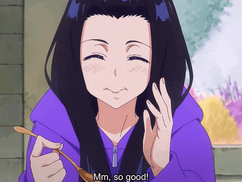 a girl in a purple hoodie is holding a gold spoon and says mm so good