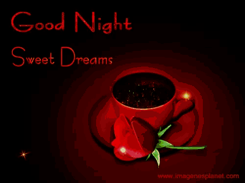 a good night sweet dreams card with a cup of coffee and a red rose