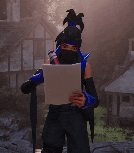 a ninja holding a piece of paper in front of a castle