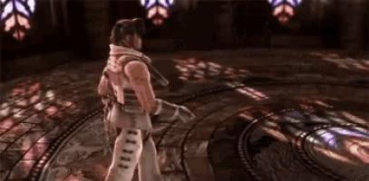 a video game character is standing in a dark room with a stained glass window in the background .