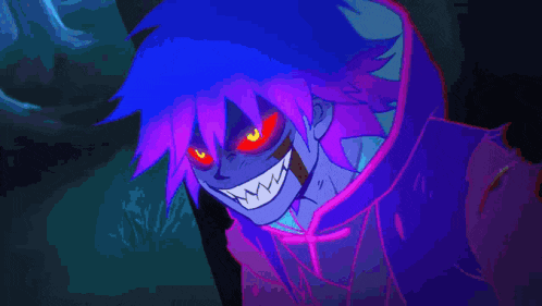 a cartoon of a demon with red eyes and sharp teeth