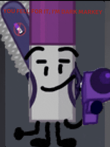 a cartoon character holding a purple gun and a purple chainsaw