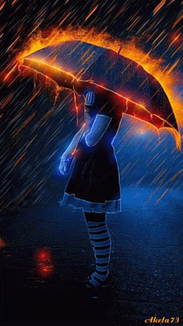 a painting of a girl holding a fire umbrella with the name akela73 at the bottom