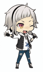 a cartoon character is singing into a microphone while wearing a jacket and jeans