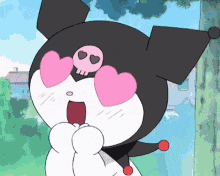 a cartoon character with heart shaped eyes and a skull on his head .