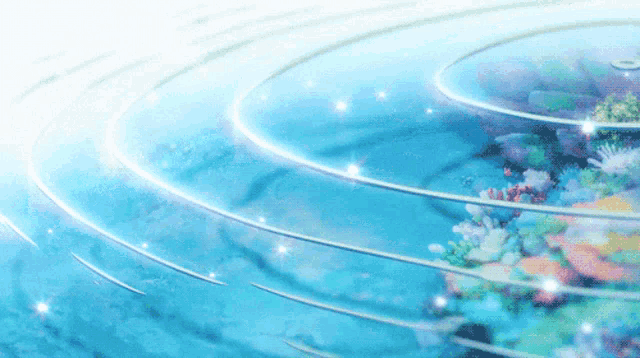 a painting of a coral reef in the ocean with circles of light