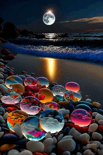 a full moon shines over a beach filled with colored rocks