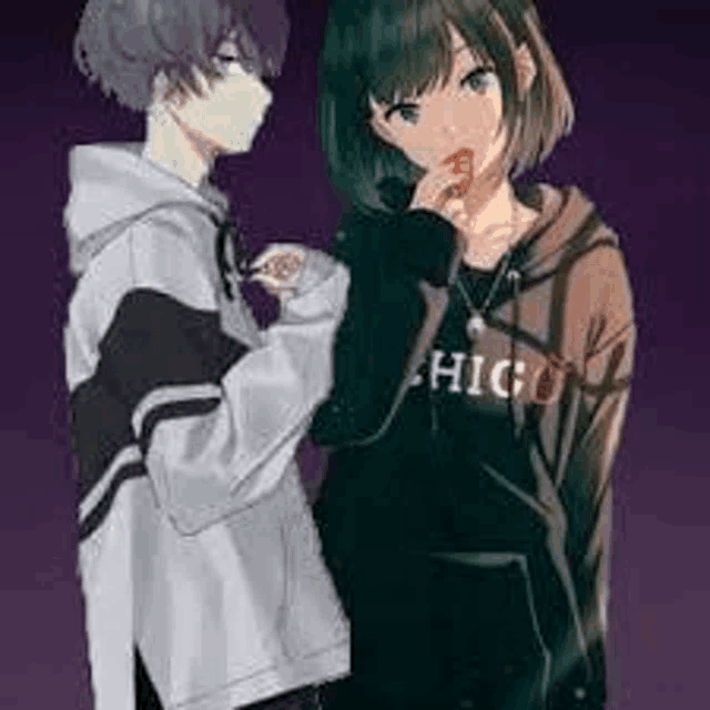 a boy and a girl are standing next to each other on a purple background .