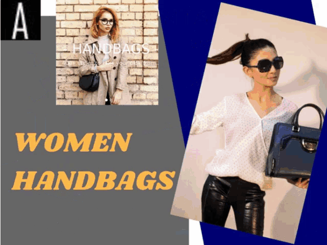 a woman holding a black purse with the words " women handbags " on the bottom