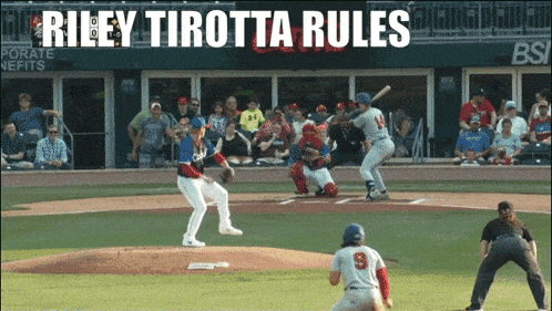 a baseball game is being played with the words riley tirotta rules written above it