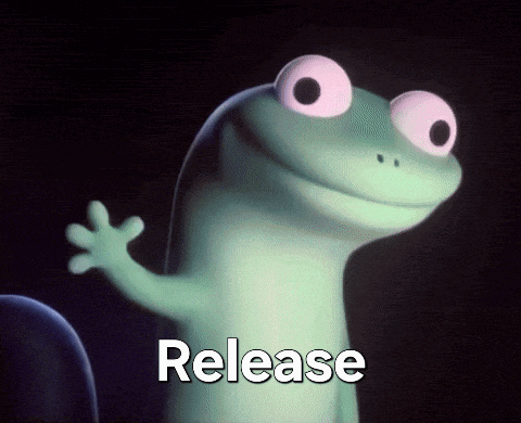 a cartoon lizard with pink eyes and the words release below it