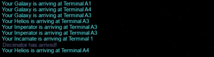 a black background with blue text that says your galaxy is arriving at terminal a1 your galaxy is arriving at terminal a4