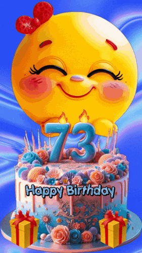 a birthday cake with a smiley face on top and the number 73 on it