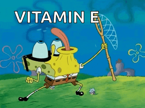 a cartoon of spongebob holding a fishing net with the words vitamin e written above him