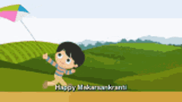 a cartoon of a boy flying a kite with the words happy makarankranti in the bottom right corner