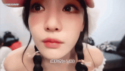 a close up of a girl 's face with korean writing on the bottom