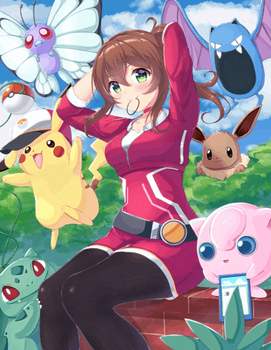 a girl is surrounded by pokemon including eevee and pikachu