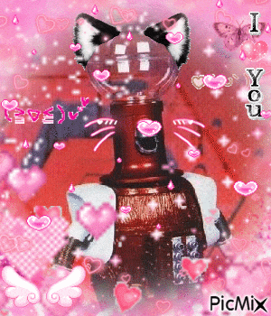 a picture of a cat surrounded by pink hearts and butterflies with the words i love you on the bottom