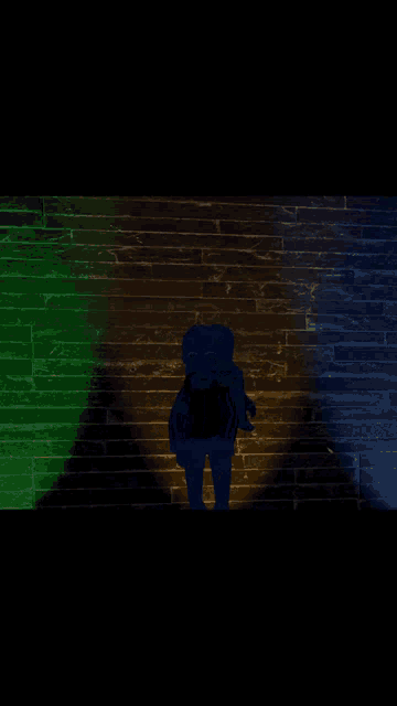 a silhouette of a person standing in front of a brick wall with colored lights behind them