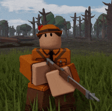 a cartoon character holding a rifle in a field with trees in the background