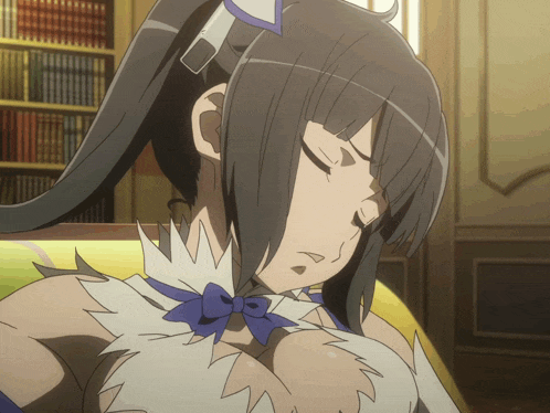 a girl with a ponytail and a blue bow on her neck is sleeping