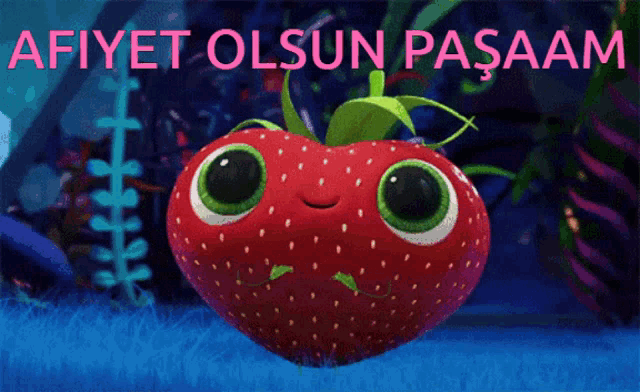 a cartoon of a strawberry with big eyes and the words " afiyet olsun pasaam " below it