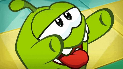 a green cartoon character has his tongue out