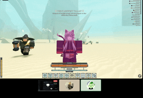 a screenshot of a video game with a purple cat standing in front of a desert landscape