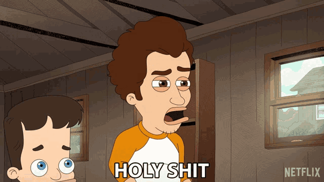 a cartoon character says holy shit in a room