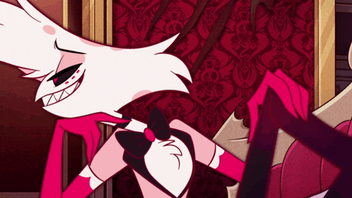 a pink and white cartoon character with a bow tie and gloves