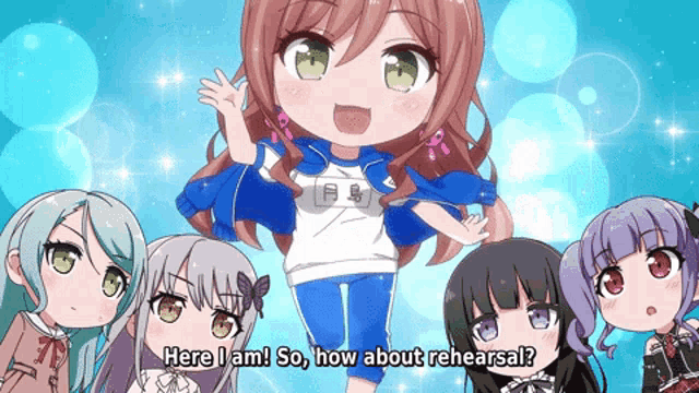 a group of anime girls are standing around a girl who says " here i am "