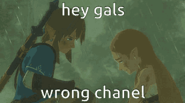 a cartoon of a man and a woman with the words hey gals wrong chanel below them