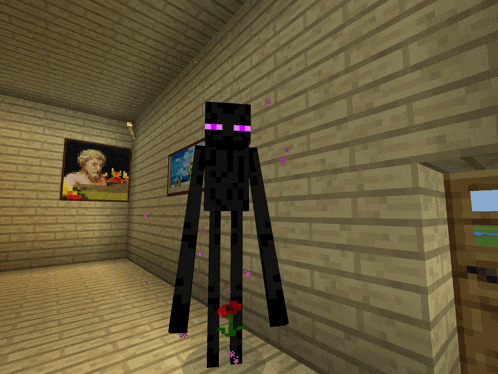 a black minecraft character with purple eyes stands in front of a brick wall