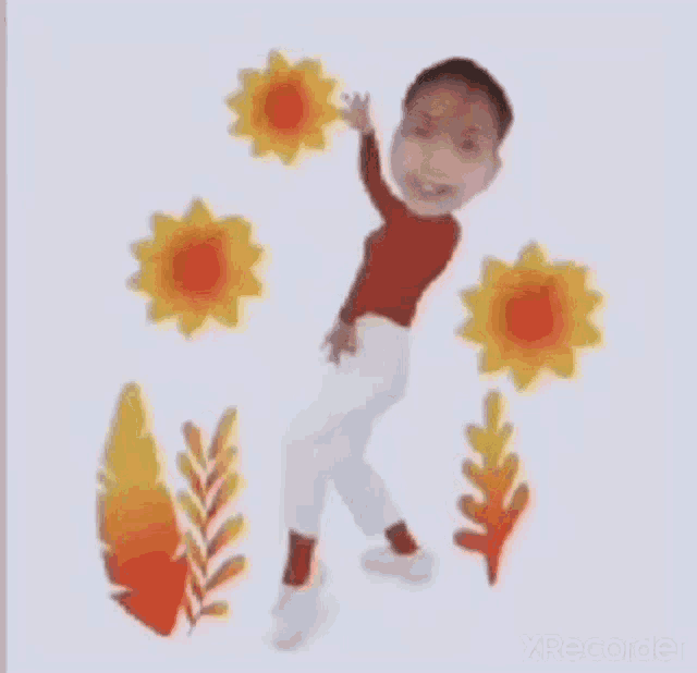 a woman in a red shirt and white pants is dancing with flowers and leaves .