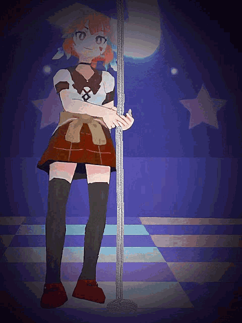 a girl in a plaid skirt is standing on a pole in front of a microphone